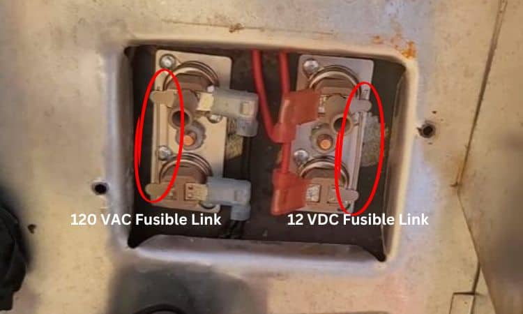 suburban rv water heater fusible links' location for 120 vac & 12 vdc