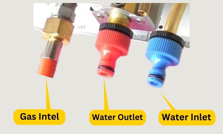 camplux tankless water heater’s water inlet, outlet, and gas inlet positions